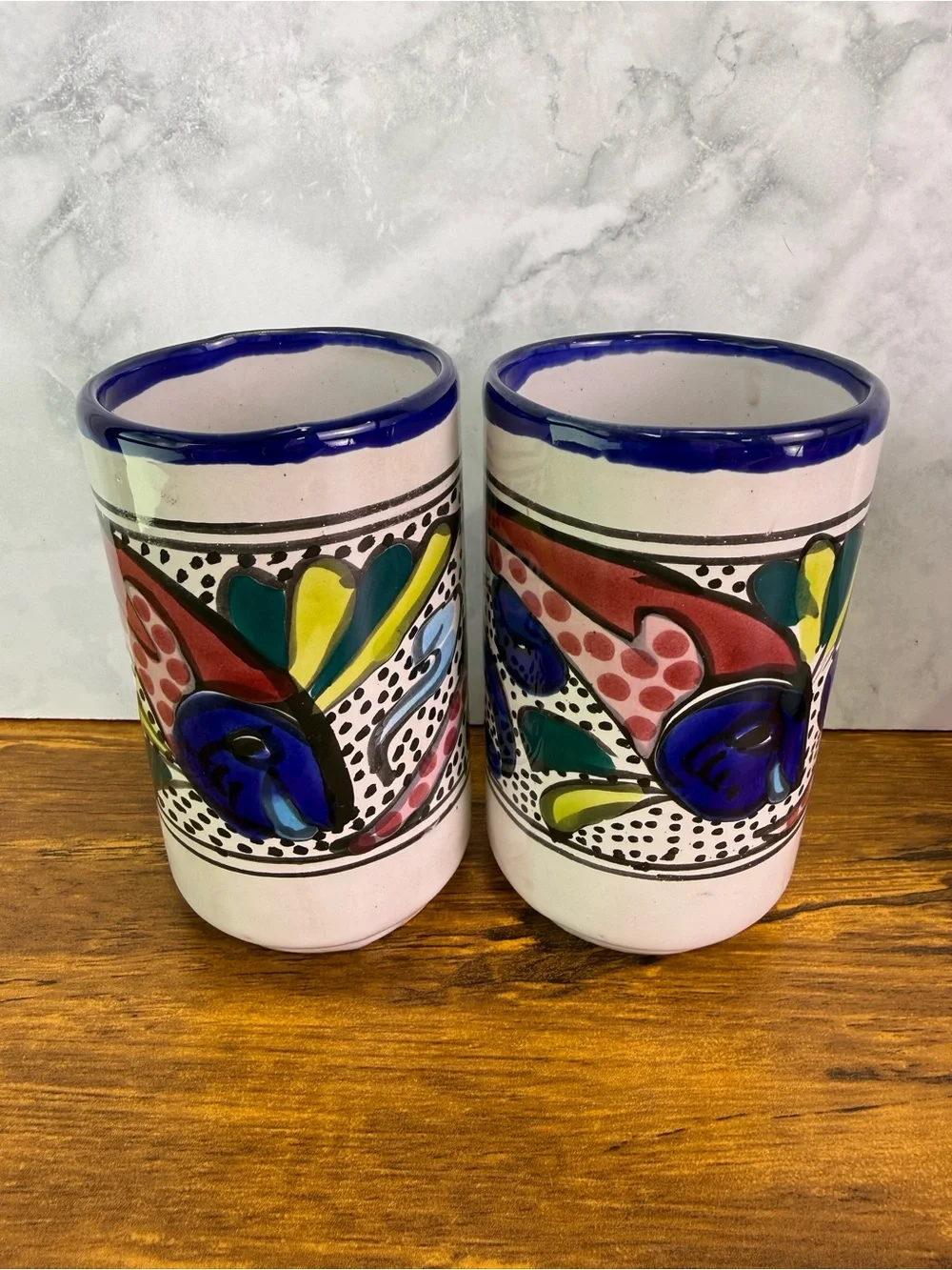 Set of 6 Mexican Talavera Style Pottery Tumblers Hand Painted Fish Folk Art Cups